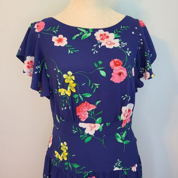 Eliza J Navy Blue Floral Mini Dress Women 14 Flutter Sleeve Fairy Cottagecore - Picture 6 of 15